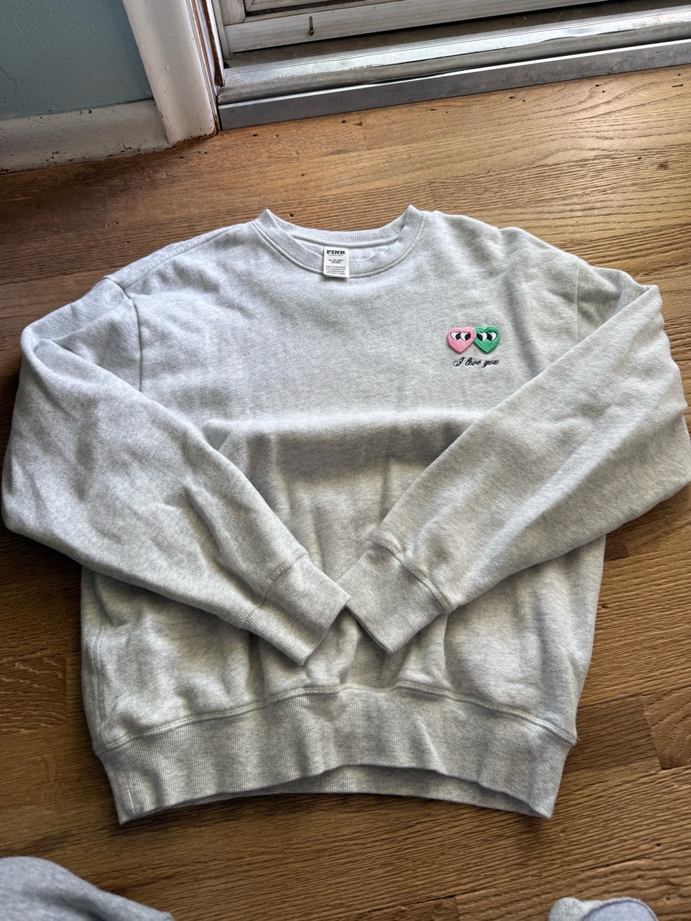 PINK Victoria's Secret Light Gray Crewneck with Pink & Green Heart Embroidery